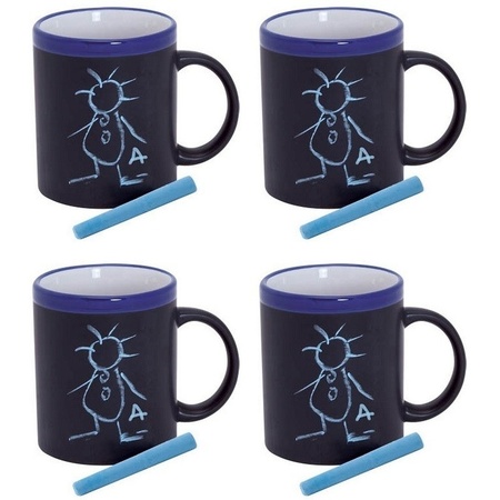 4x Krijt mokken in het blauw - beschrijfbare koffie/thee mok/bek
