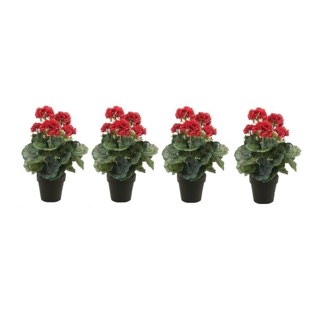 4x Kunstplanten Geranium rood in zwarte pot 35 cm 