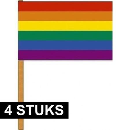 4x Luxurious waving flags rainbow 30 x 45 cm with wooden stick