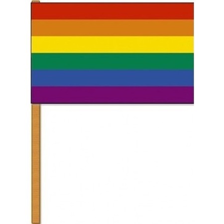 4x Luxurious waving flags rainbow 30 x 45 cm with wooden stick