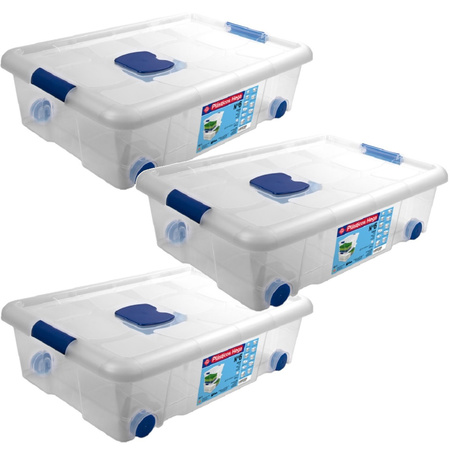 4x Opbergboxen/opbergdozen met deksel en wieltjes 31 liter kunststof transparant/blauw