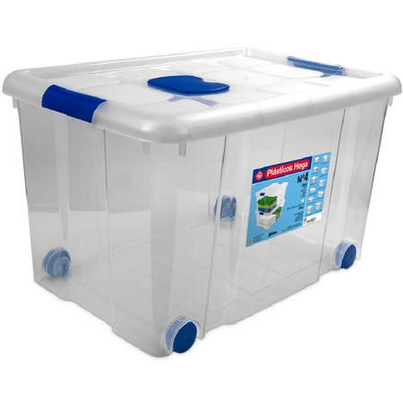 4x Opbergboxen/opbergdozen met deksel en wieltjes 55 liter kunststof transparant/blauw