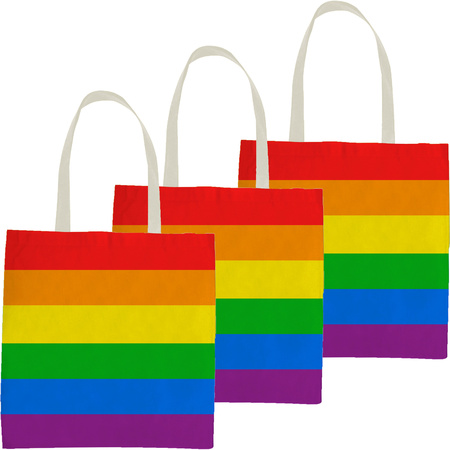 4x Polyester boodschappentasje/shopper regenboog/rainbow/pride vlag voor volwassenen en kids