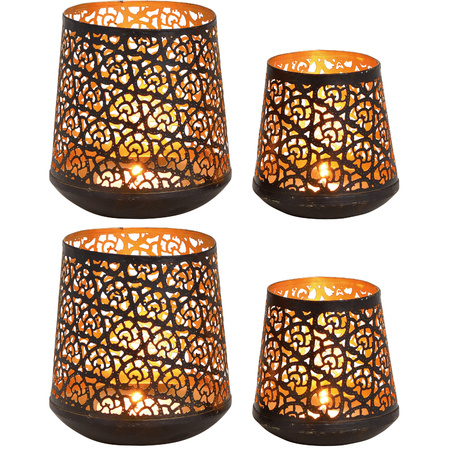 4x Tealights/candle holders lanterns black/gold 10 and 14 cm