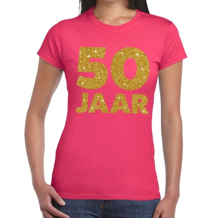 50 jaar goud glitter verjaardag/jubileum kado shirt roze dames