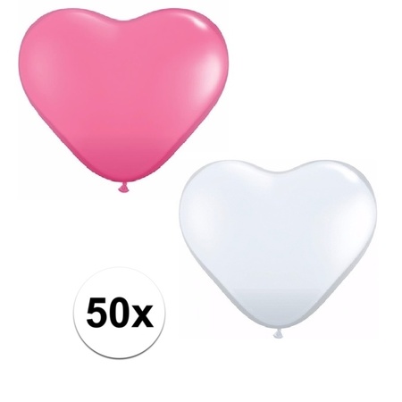 50x bruiloft ballonnen wit / roze hartjes versiering