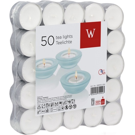 50x Witte theelichtjes/waxinelichtjes 4 branduren