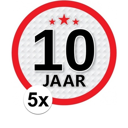 5x 10 Jaar leeftijd stickers rond 15 cm verjaardag versiering