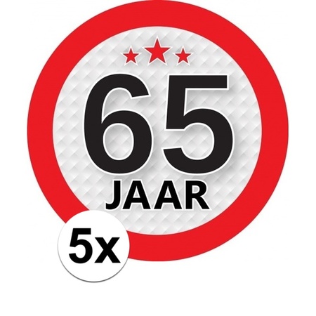 5x 65 Jaar leeftijd stickers rond 9 cm verjaardag versiering