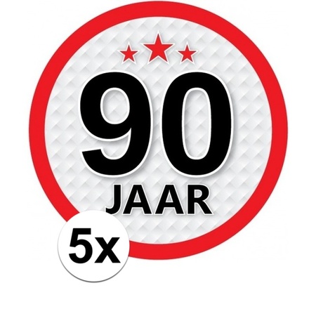5x 90 Jaar leeftijd stickers rond 15 cm verjaardag versiering