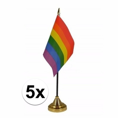 5x Rainbow mini flag on pole 10 x 15 cm