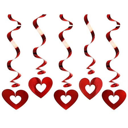 5x Red hearts hanging decoration swirls 60 cm