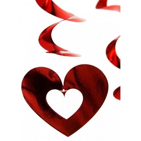5x Red hearts hanging decoration swirls 60 cm