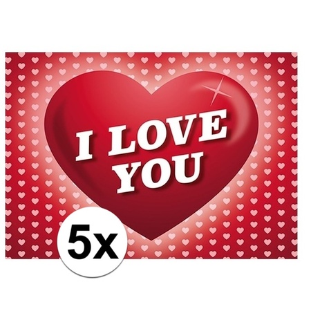 5x Romantische Valentijnskaart I Love You met hartjes