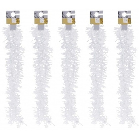 5x Witte kerstversiering folieslingers met sterretjes 180 cm