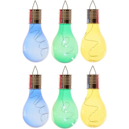 6x Buiten LED blauw/groen/geel peertjes solar verlichting 14 cm