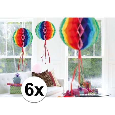 6x feestversiering decoratie bollen in regenboog kleuren 30 cm