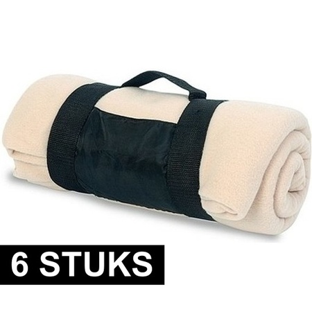 6x Fleece blankets/plaids beige removable handle 160 x 130 cm
