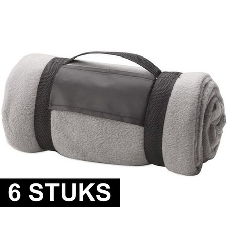 6x Fleece dekens/plaids grijs afneembaar handvat 160 x 130 cm