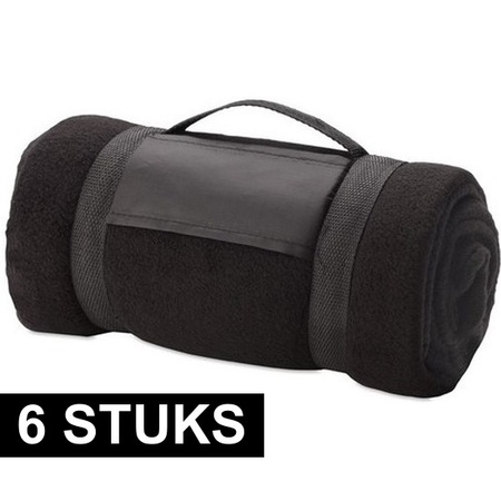 6x Fleece blankets/plaids black removable handle 160 x 130 cm