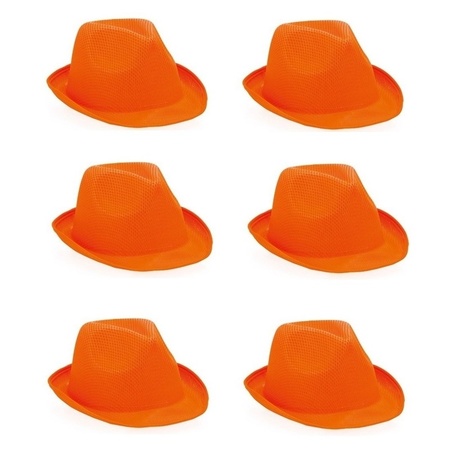 6x Oranje trilby hoedjes voor volwassenen