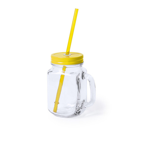 6x stuks Glazen Mason Jar drinkbekers gele dop en rietje 500 ml