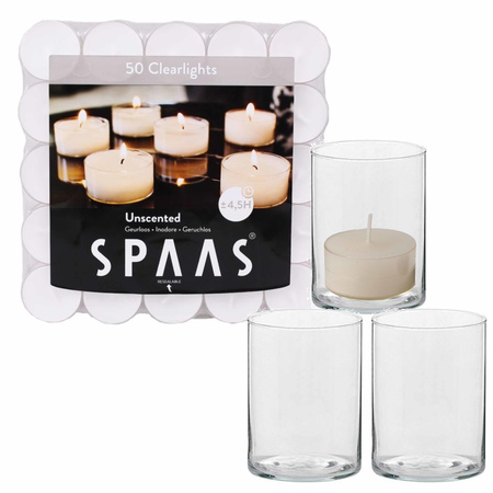 6x candles holders of glass with 50x thealights candles