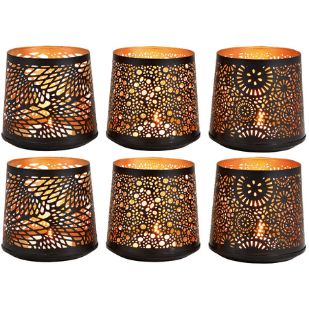 6x tealights/candle holders set black/gold 13 cm