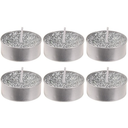 6x Zilveren glitter waxinelichtjes/theelichtjes 6 cm