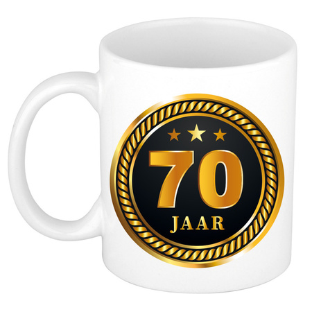 Gold black medal 70 year mug for birthday / anniversary - gift 70 years married
