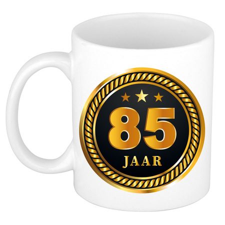 Gold black medal 85 year mug for birthday / anniversary