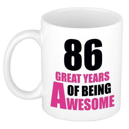 86 great years of being awesome - gift mug white and pink 300 ml