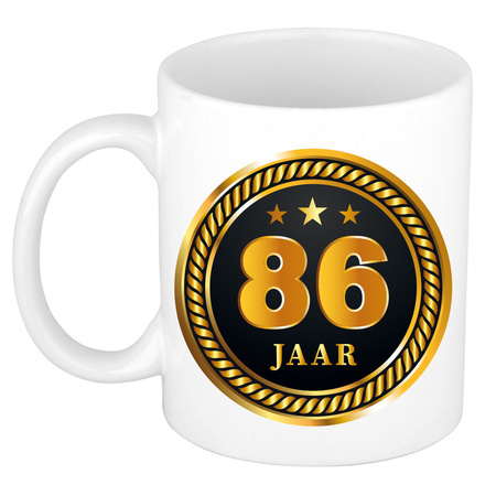 Gold black medal 86 year mug for birthday / anniversary