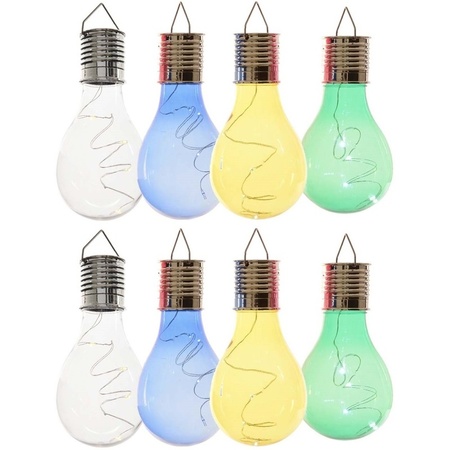 8x Buiten LED wit/blauw/groen/geel peertjes solar lampen 14 cm