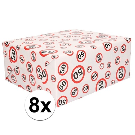 8x Gift wrap 50 years with traffic signs