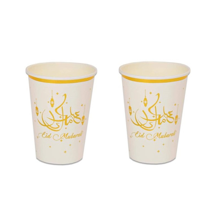 8x pieces Ramadan Mubarak theme cups white/gold 350 ml