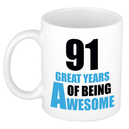 91 great years of being awesome - gift mug white and blue 300 ml