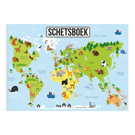 Sketchbook world map animals white paper A4