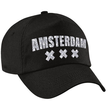 Amsterdam 020 pet /cap zwart met zilver bedrukking volwassenen