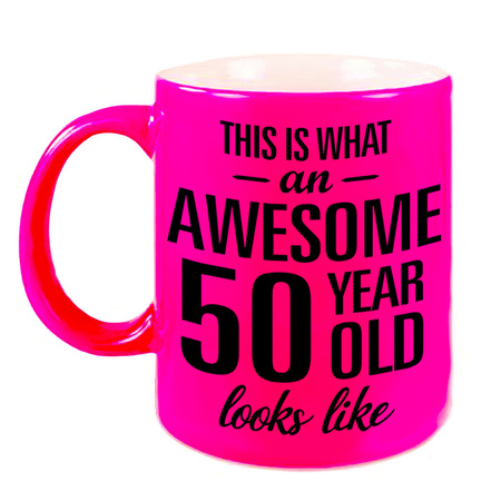 Awesome 50 year neon pink mug 330 ml