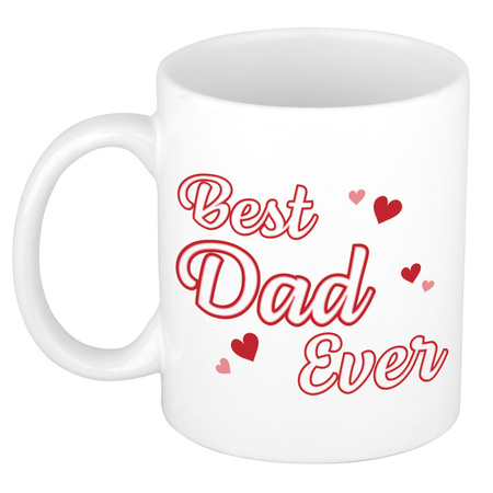 Best dad ever vaderdag cadeau mok / beker wit met contour letters en rode hartjes
