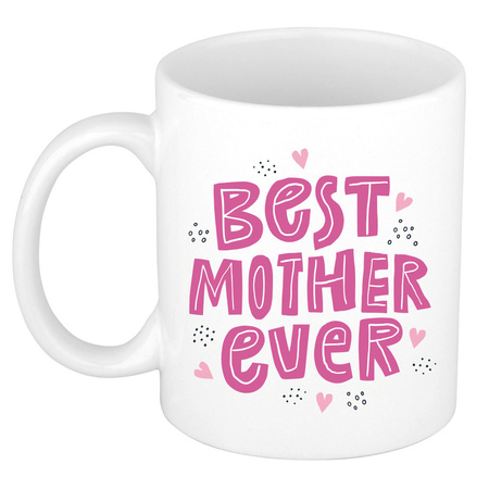 Best mother ever moederdag cadeau mok / beker wit met roze letters en kleine hartjes