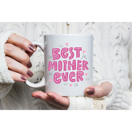 Best mother ever moederdag cadeau mok / beker wit met roze letters en kleine hartjes