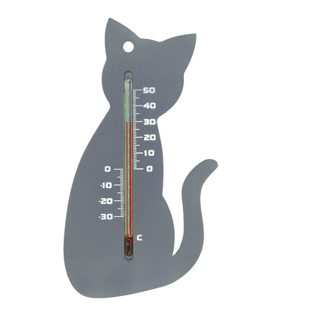 Binnen/buiten thermometer grijze kat/poes 15 cm
