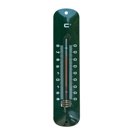 Binnen/buiten thermometer groen van metaal 6.5 x 30 cm