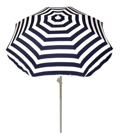 Voordelige set blauw/wit gestreepte parasol en parasolvoet zwart