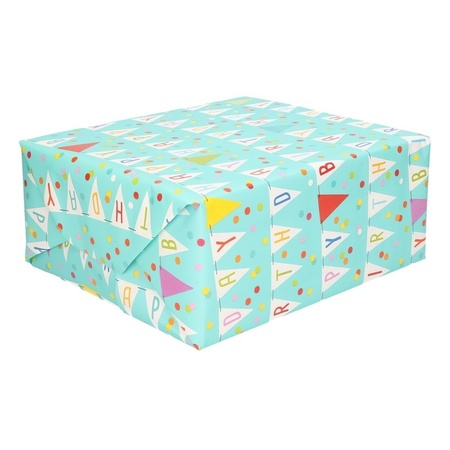Blue wrapping paper Happy Birthday flags 200 x 70 cm