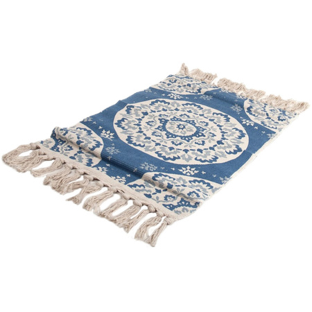 Blauwe/naturel hammam stijl badmat 45 x 70 cm rechthoekig