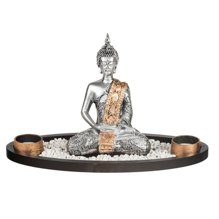 Buddha statue with candle holders for inside silver 33 cm