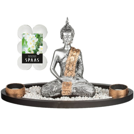Boeddha beeld voor binnen 33 cm met 12x geurkaarsen Spiritual Jasmin